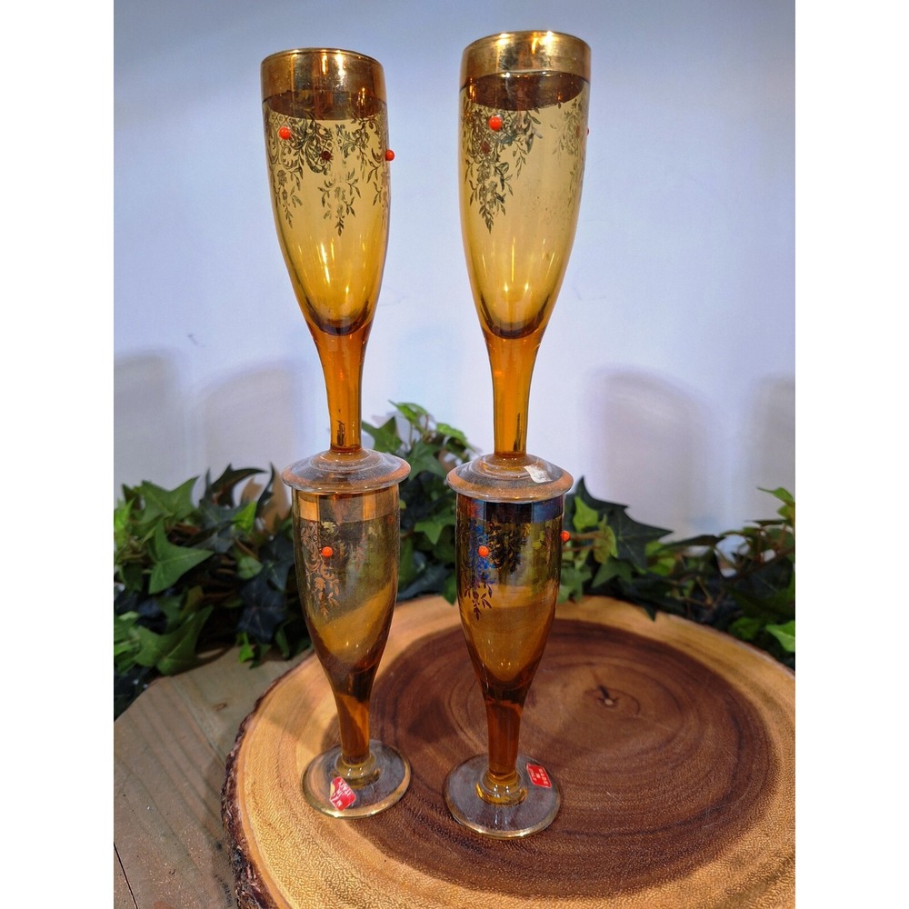 Very Rare Set of 4 Vintage Gold and Beaded Stem Cordial Liqueur glasses Carnival - Picture 9 of 10